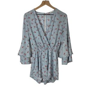 COPY - AUDREY 3 + 1 Sky Blue Floral Open Back Bell Ruffle Sleeve V Neck Romper